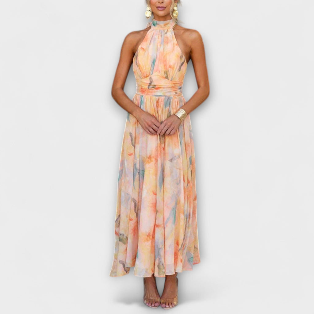 Tracy™ | Halter-Neck Watercolor Print Maxi Dress