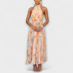 Tracy™ | Halter-Neck Watercolor Print Maxi Dress
