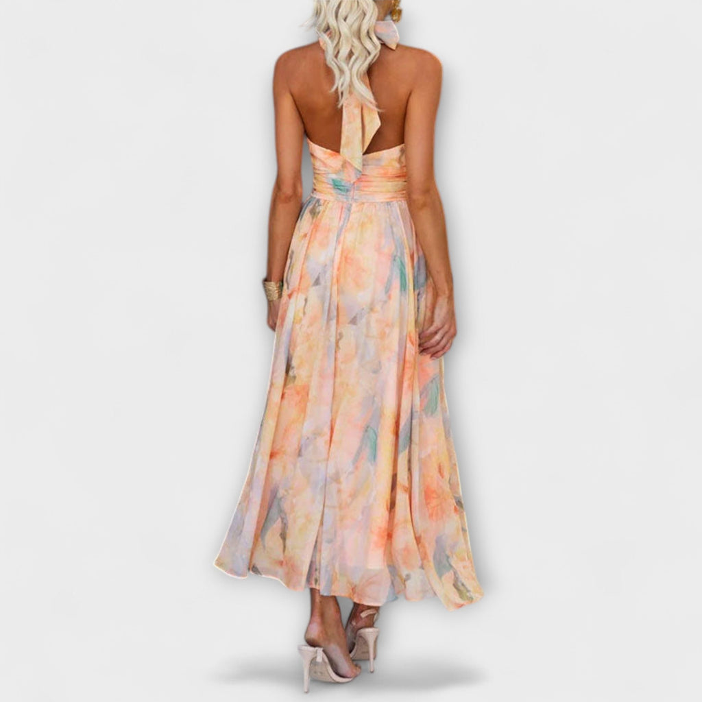 Tracy™ | Halter-Neck Watercolor Print Maxi Dress
