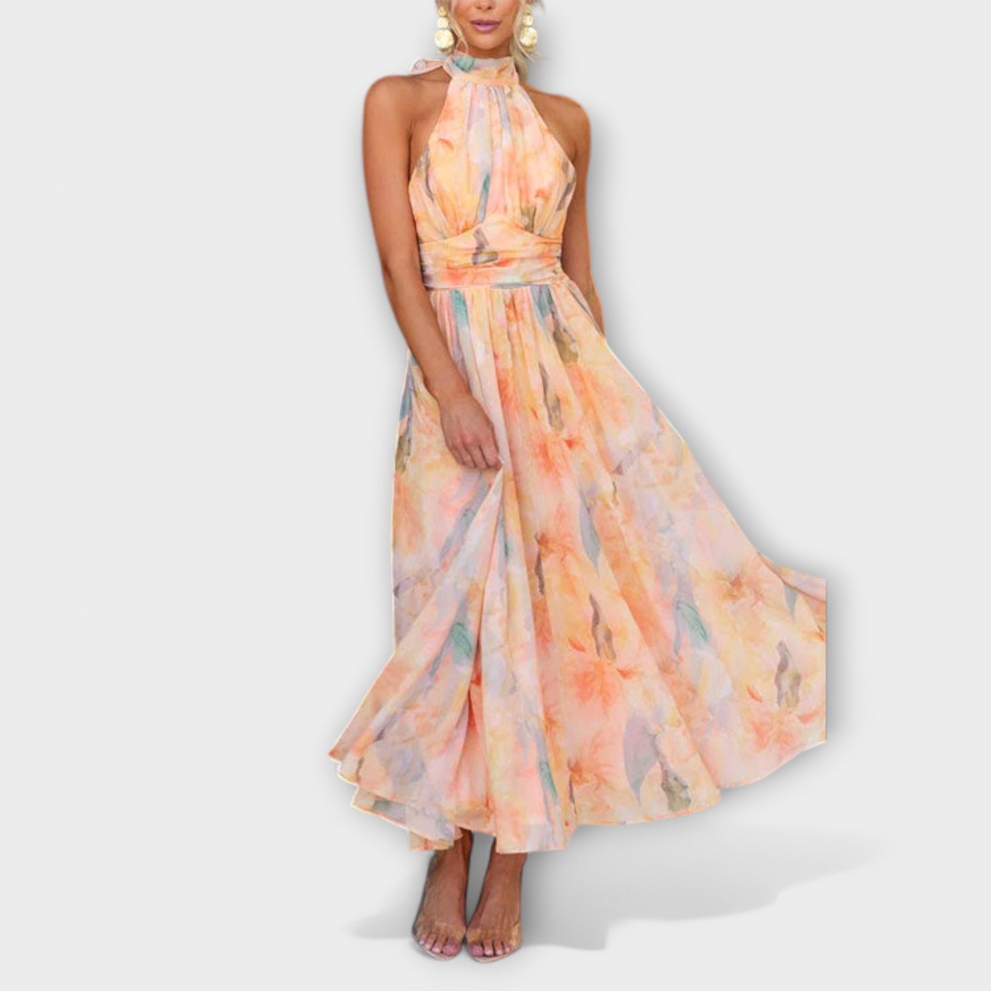 Tracy™ | Halter-Neck Watercolor Print Maxi Dress