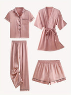 Juliette | 4-Piece Solid Satin Pajama Mid-Sleeve Robe Set