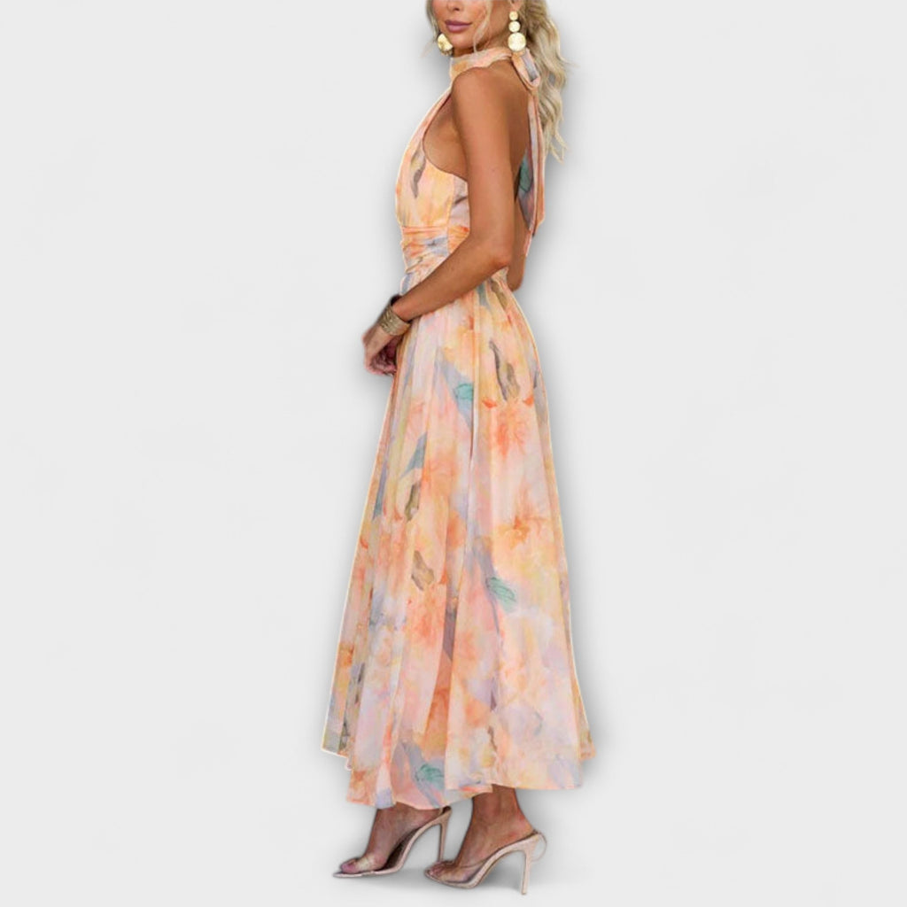Tracy™ | Halter-Neck Watercolor Print Maxi Dress