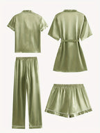 Juliette | 4-Piece Solid Satin Pajama Mid-Sleeve Robe Set
