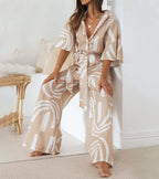Abstract Print Linen Cotton Jumpsuit | Relaxed Wide-Leg Fit | Neutral Tone