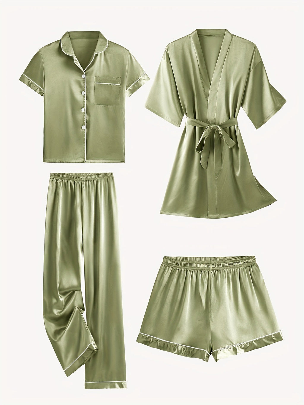 Juliette | 4-Piece Solid Satin Pajama Mid-Sleeve Robe Set