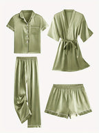 Juliette | 4-Piece Solid Satin Pajama Mid-Sleeve Robe Set