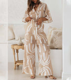 Abstract Print Linen Cotton Jumpsuit | Relaxed Wide-Leg Fit | Neutral Tone